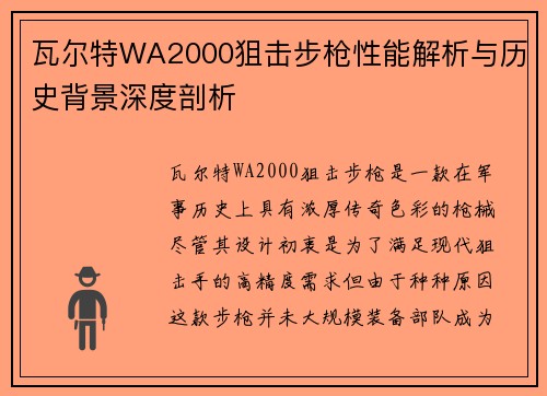 瓦尔特WA2000狙击步枪性能解析与历史背景深度剖析